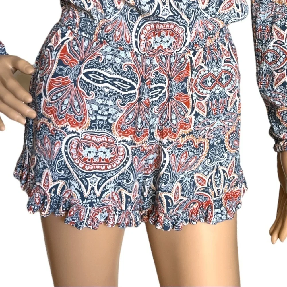 AEROPOSTALE Long Sleeve Ruffle Multi-Color Paisley Print Romper Women's Size XS‎